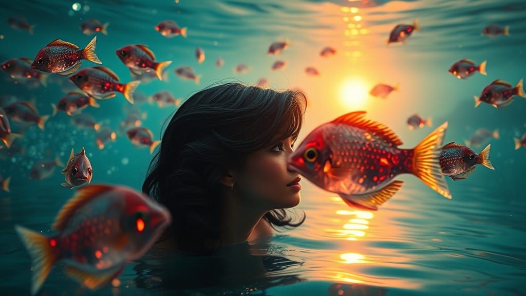 Mermaid in Lagoon with Gemstone Fish, Midcentury Hairstyle