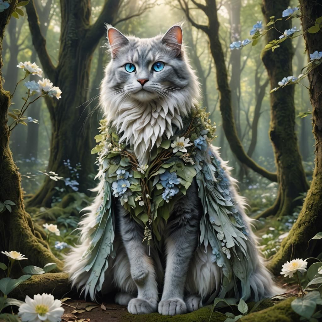 Mystical Blue-Grey Cat in Forest, Fantasy Concept Art