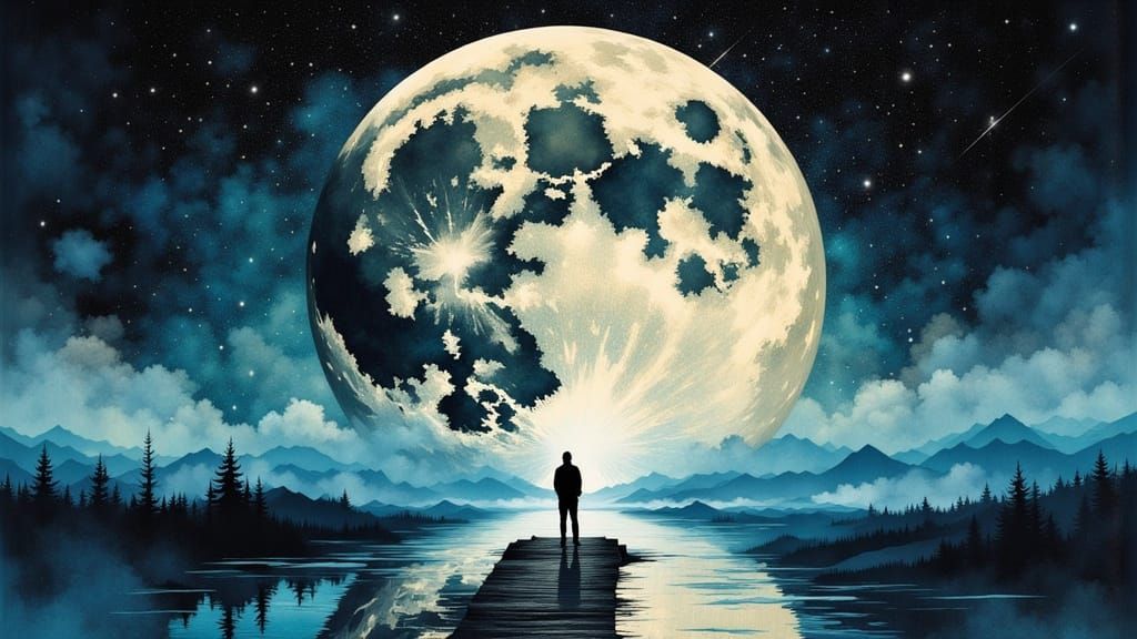 Surreal Dreamscape: Moonlit Sea with Glitch Art Effects