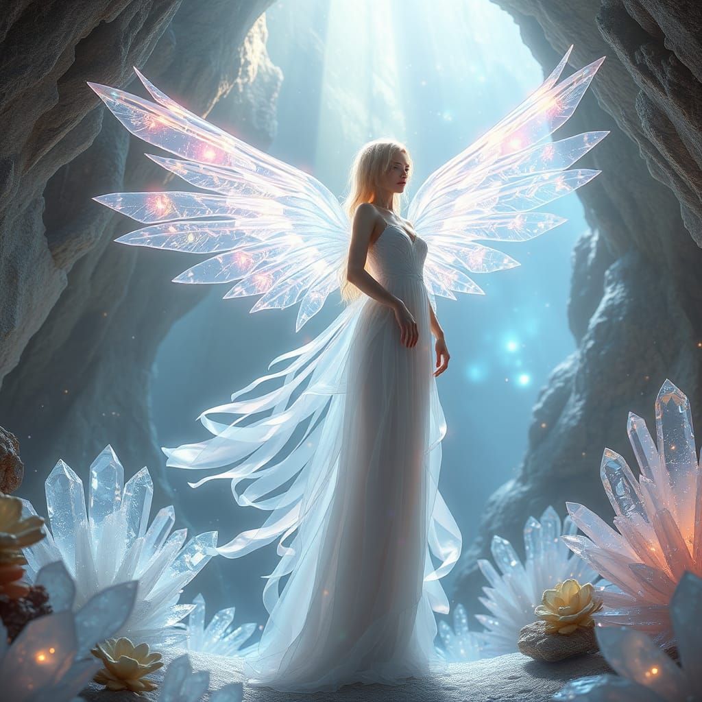 Ethereal Angel in Crystalline Grotto