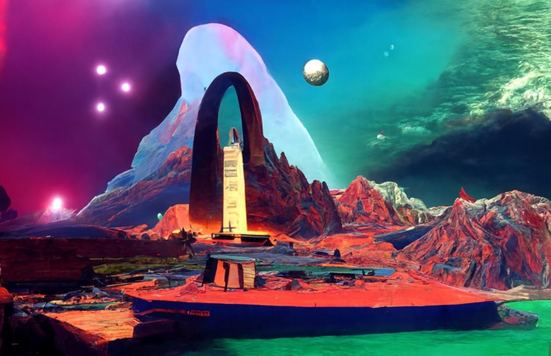 Vaporwave Monument on Cosmic Planet in Cel Shading