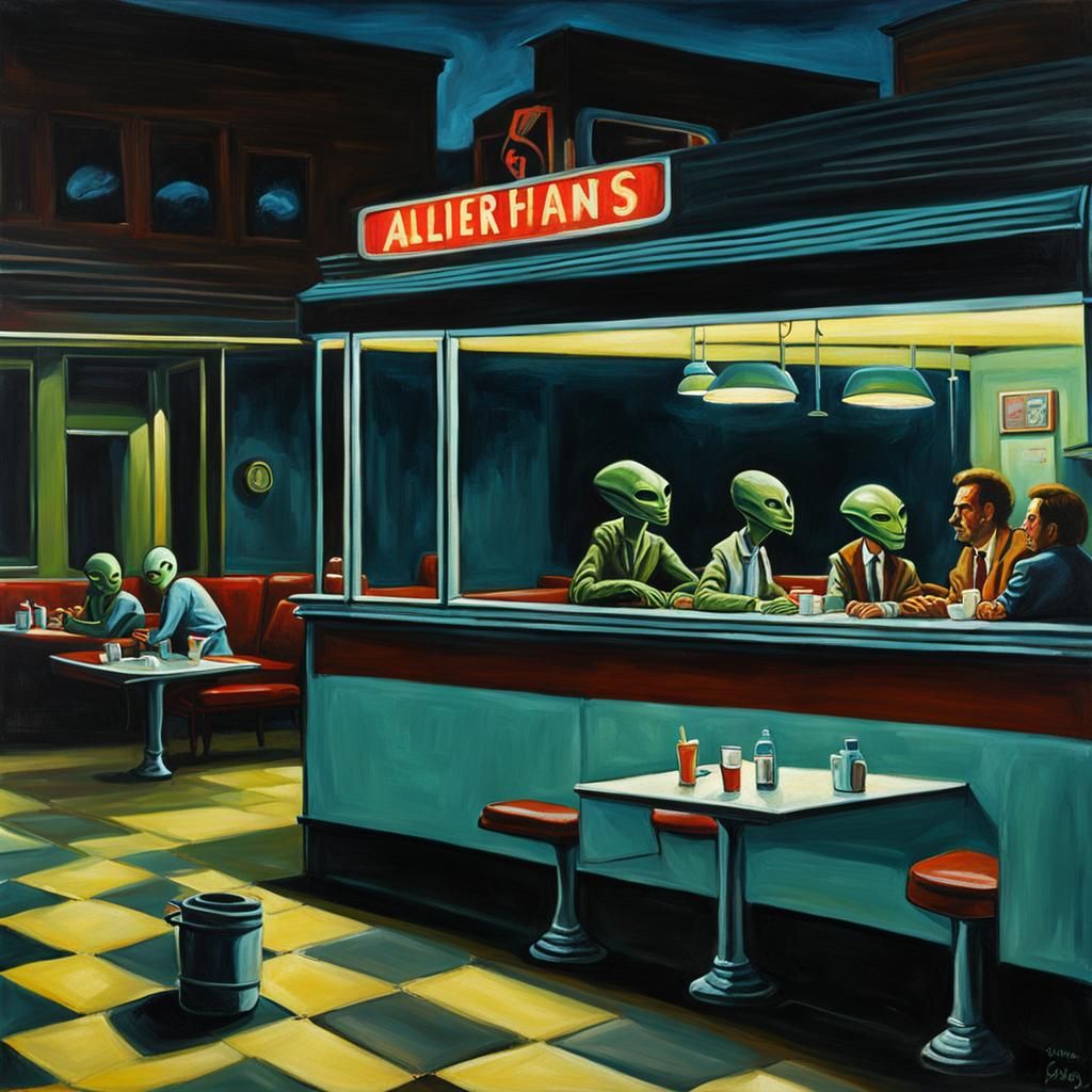 Aliens in a Nighthawks-Style Diner Painting