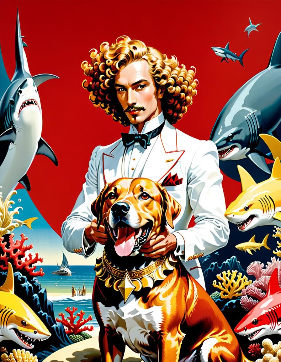 Art Deco Angel and Sharkdog Dark Fantasy Cartoon