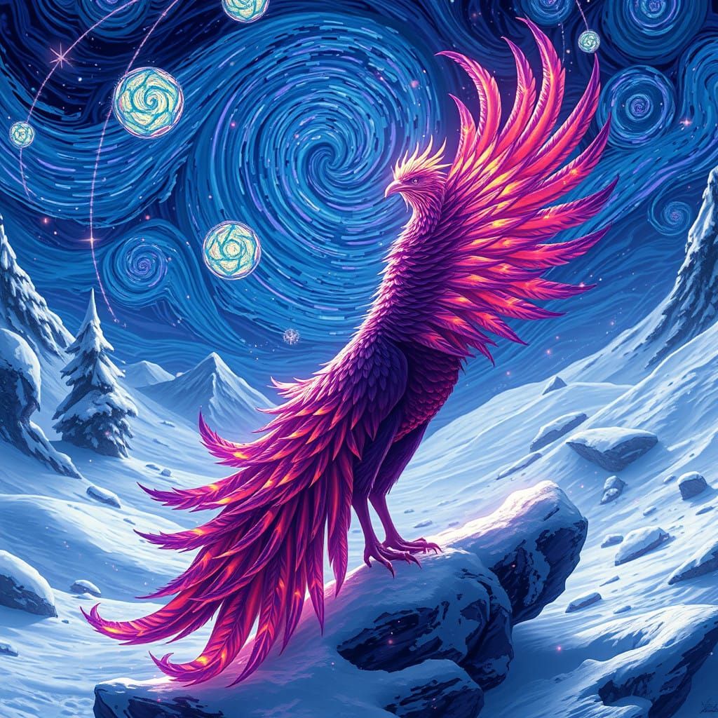 Majestic Purple Phoenix in Snowy, Dreamlike Landscape