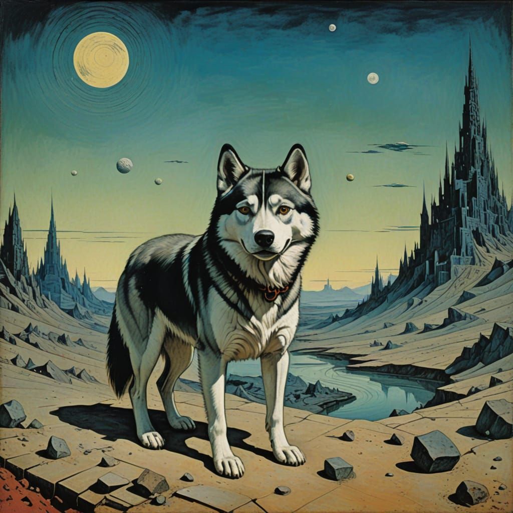 A surrealist Husky wandering through a dream by Max Ernst