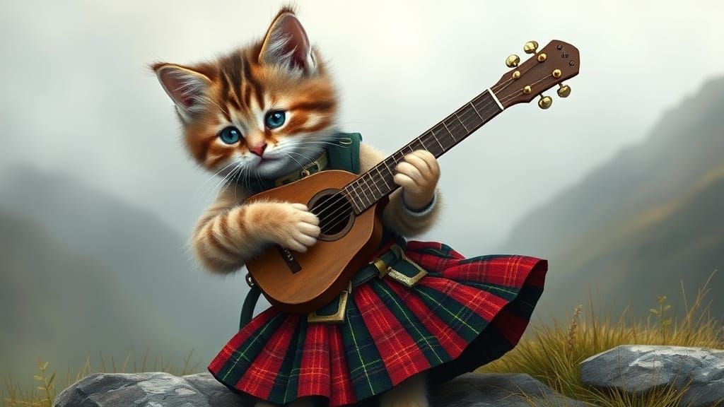Kitten Piper in Scottish Highlands, Whimsical Realism