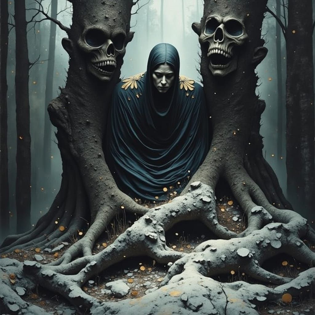 Dark Fantasy Portrait of a Wise Old Tree and a Malevolent Wa...