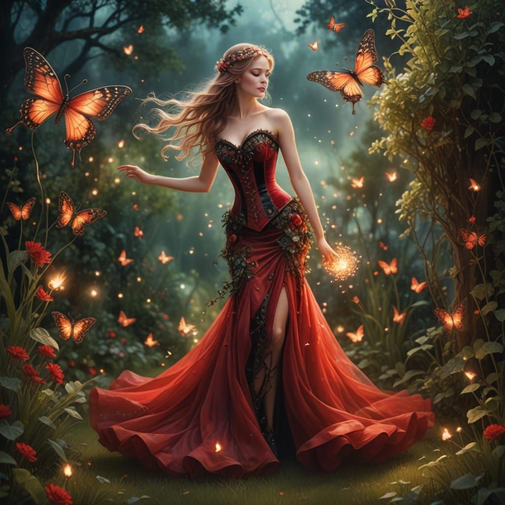 Fairy Dancing in Moonlit Garden with Living Flames