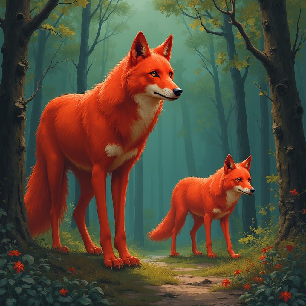 Mystical Red Wolves Roam in Fantastical Forest