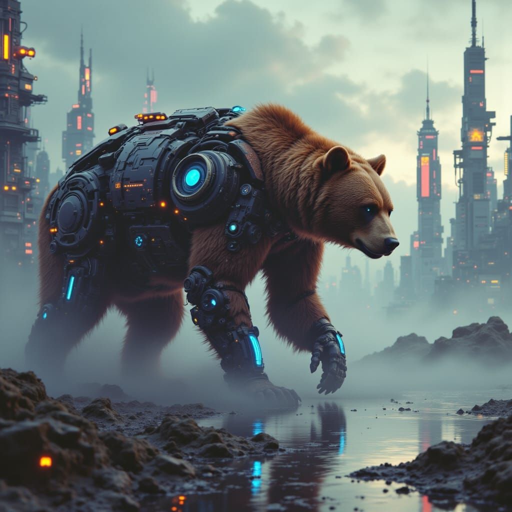 Cybernetic Bear on Misty Riverbank in Cyberpunk Style