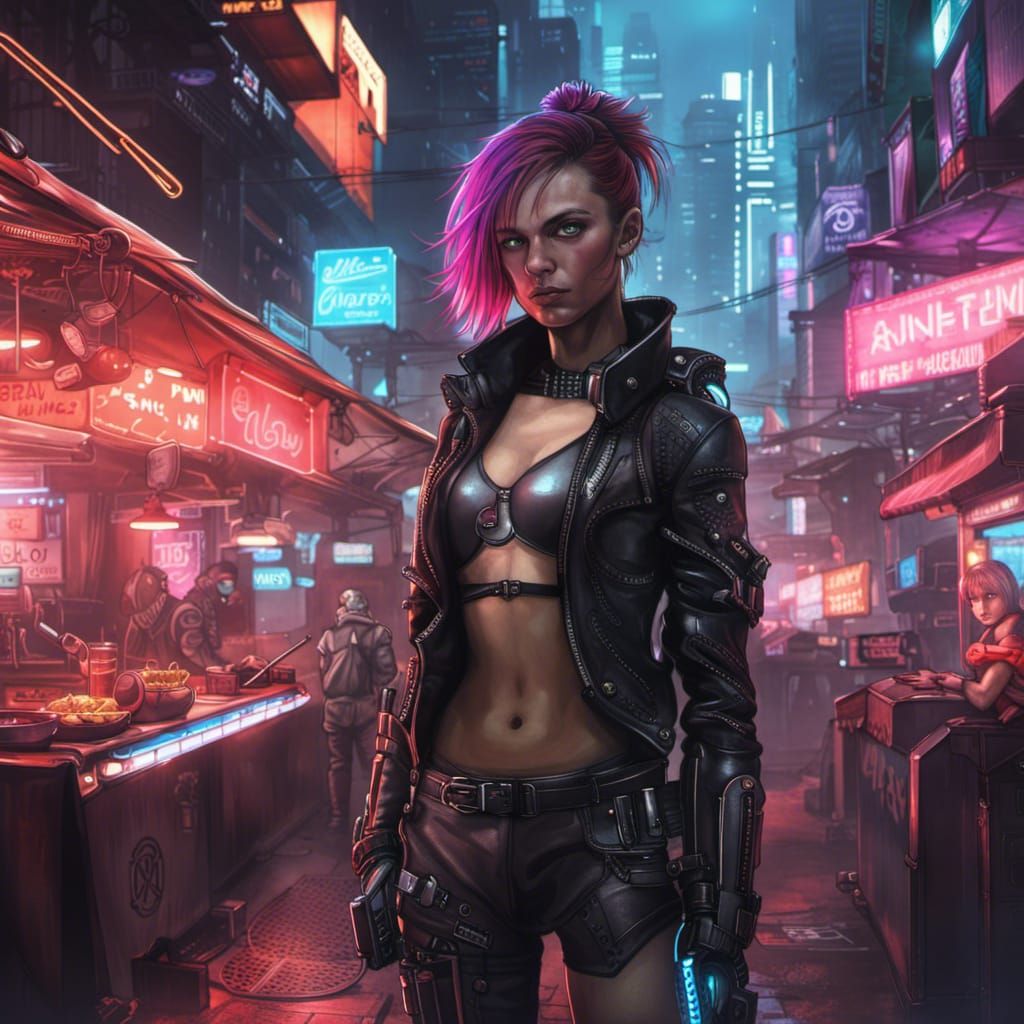 Cyberpunk Food Stall with Bionic Woman