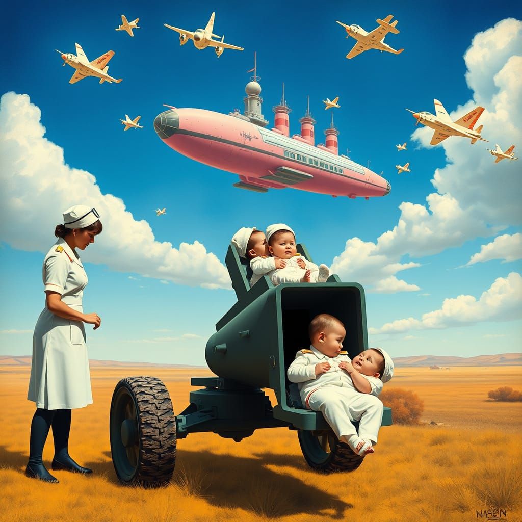 Babies Loaded into Cannon in Surrealist Dreamscape