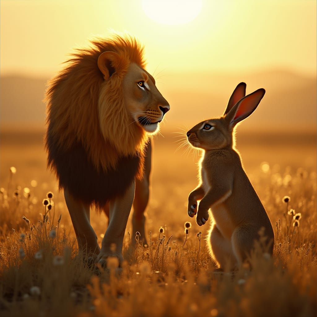 Majestic Lion-Rabbit Hybrids in Cinematic Savannah