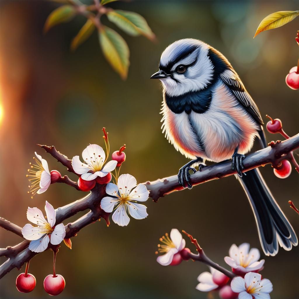 Long-Tailed Tit on Cherry Branch Watercolor