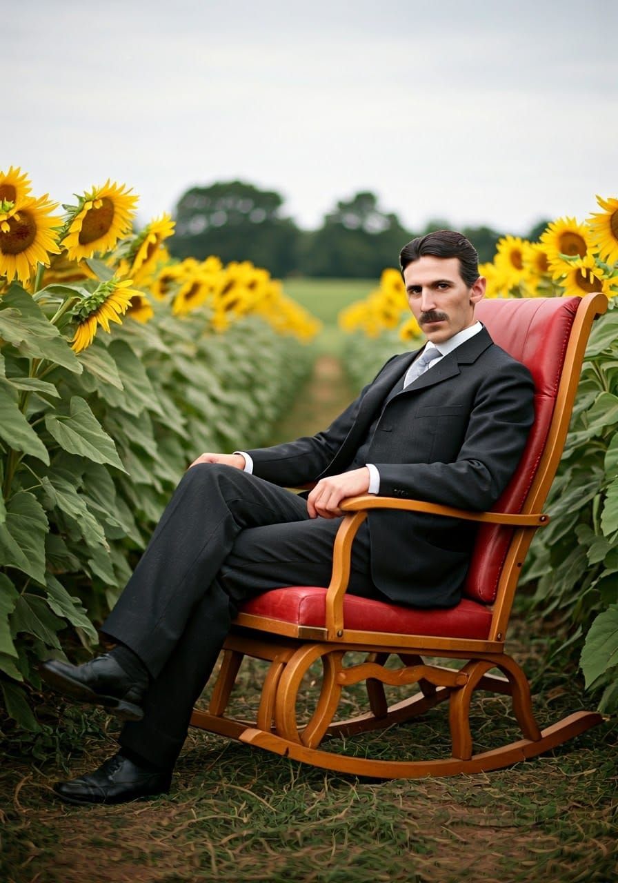 Nikola Tesla in a Vintage Rocking Chair Amidst Sunflowers