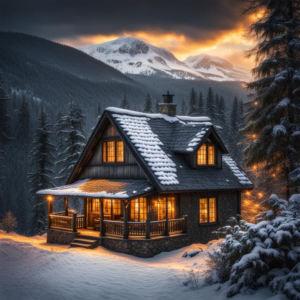 Hyperrealistic Cottage in Snowy Forest at Sunset