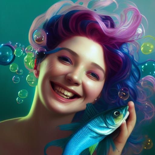 Colorful Girl with Fish: Hyperdetailed Portrait