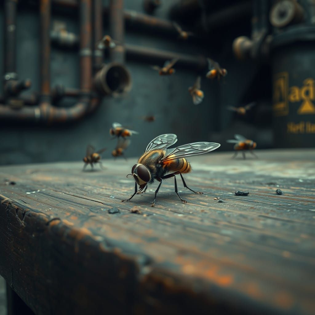Weary Fly Mocked by Vibrant Insects on a Rusty Table