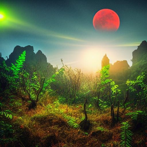 Gothic City Ruins Under Blood Moon