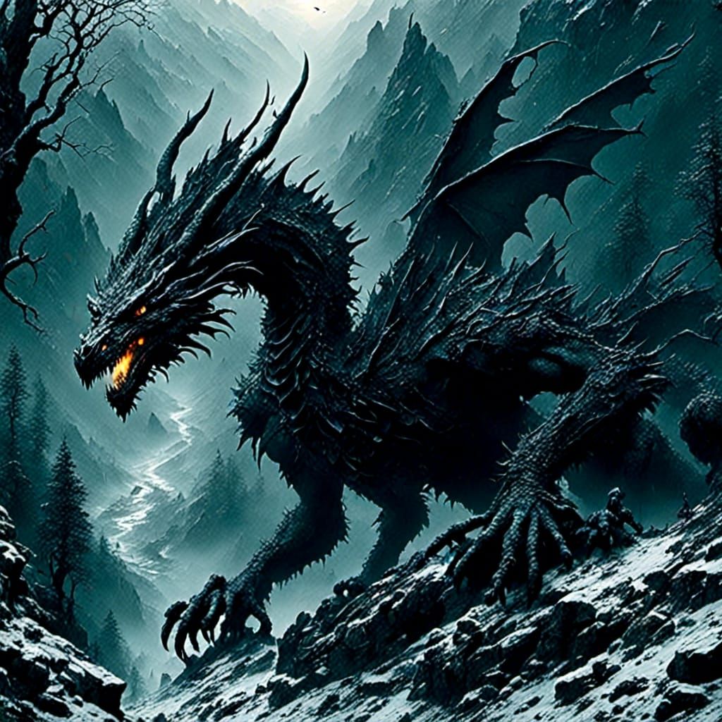 Dragon in Mountainous Nest: Epic Fantasy Art