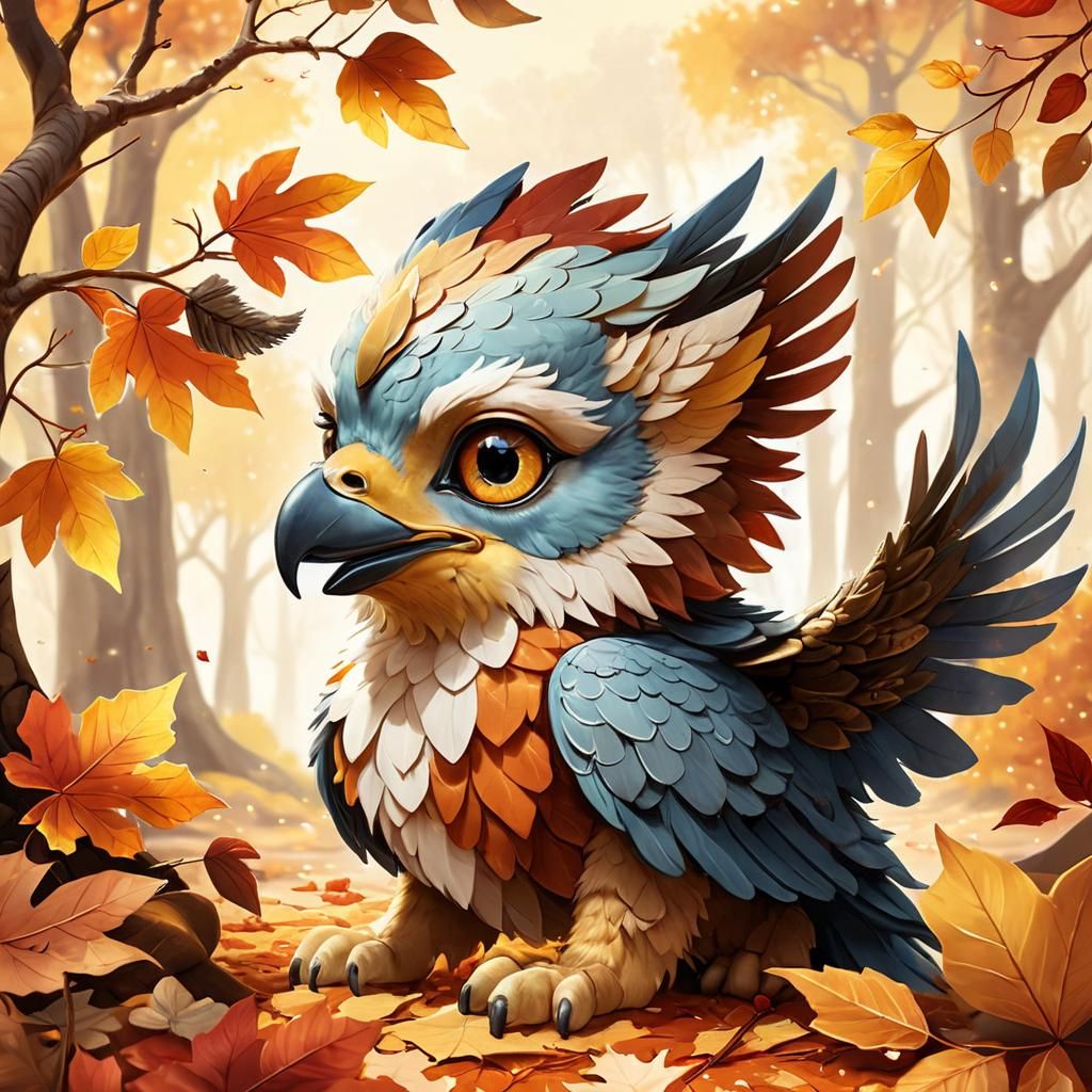 Cute Baby Gryphon Plays in Autumn Leaves
