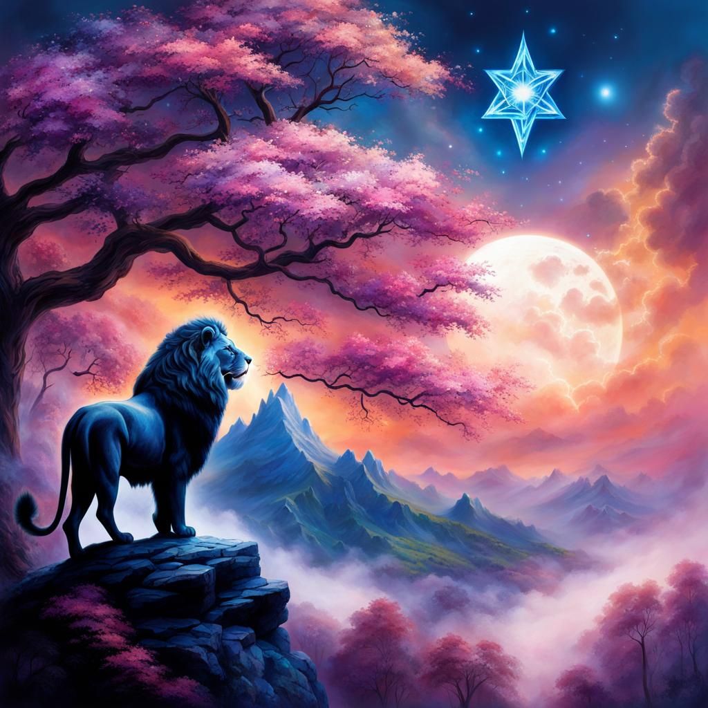 Ethereal Fantasy Lion in Starry Landscape