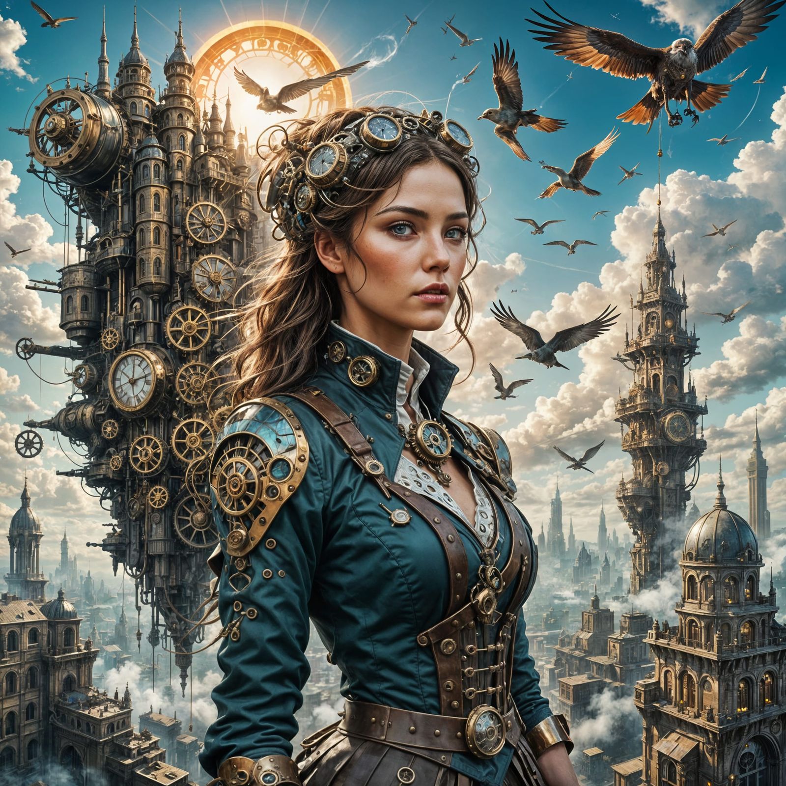 Steampunk Sky City with Mystical Birds and Drones