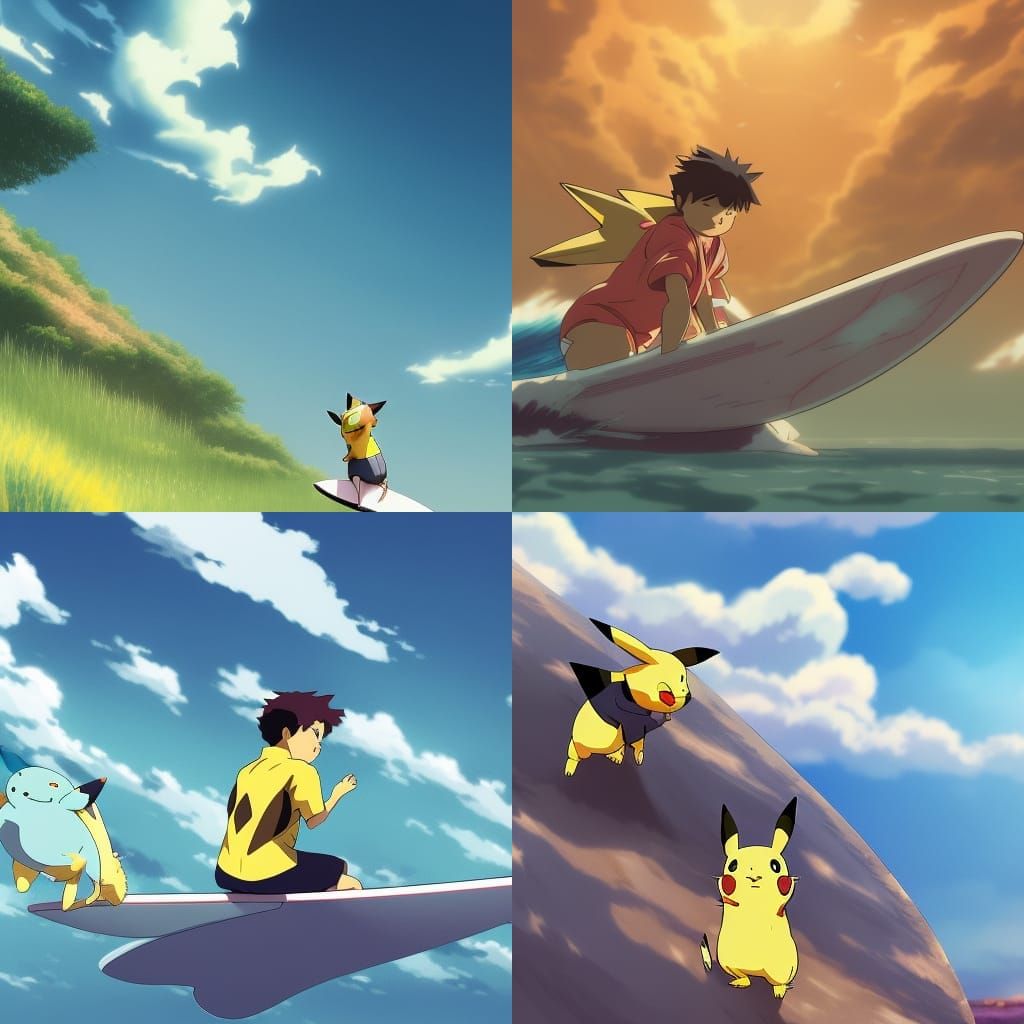 Pikachu Surfing in Studio Ghibli Style