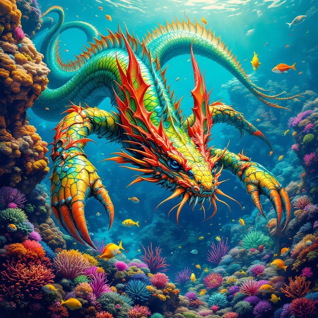 Iridescent Sea Dragon with Crab Armor Over Reef City