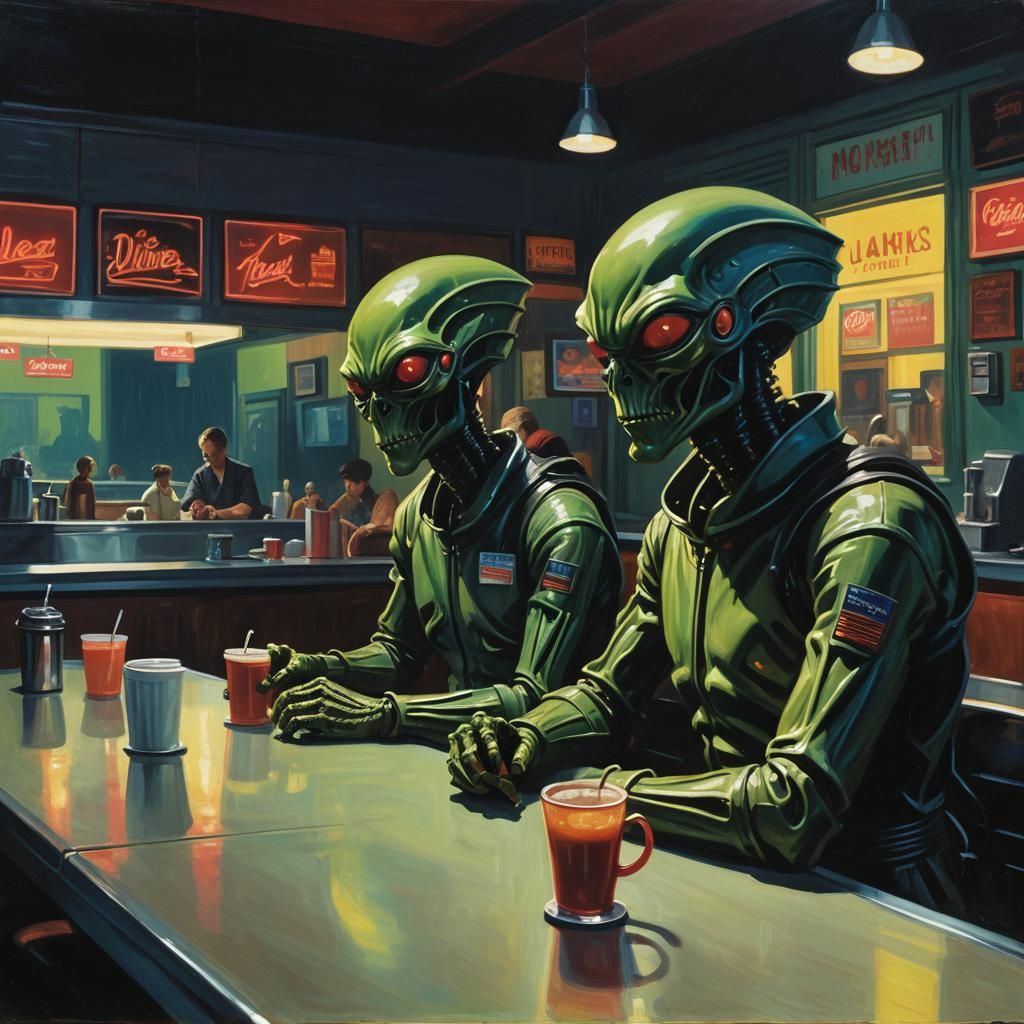 Aliens at a Diner, Edward Hopper Style