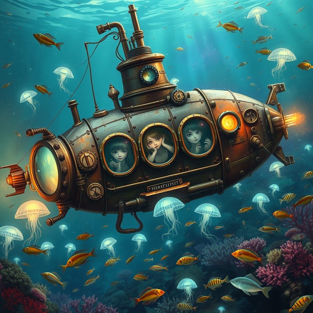 Steampunk Nautilus Submarine Exploring Coral Reef