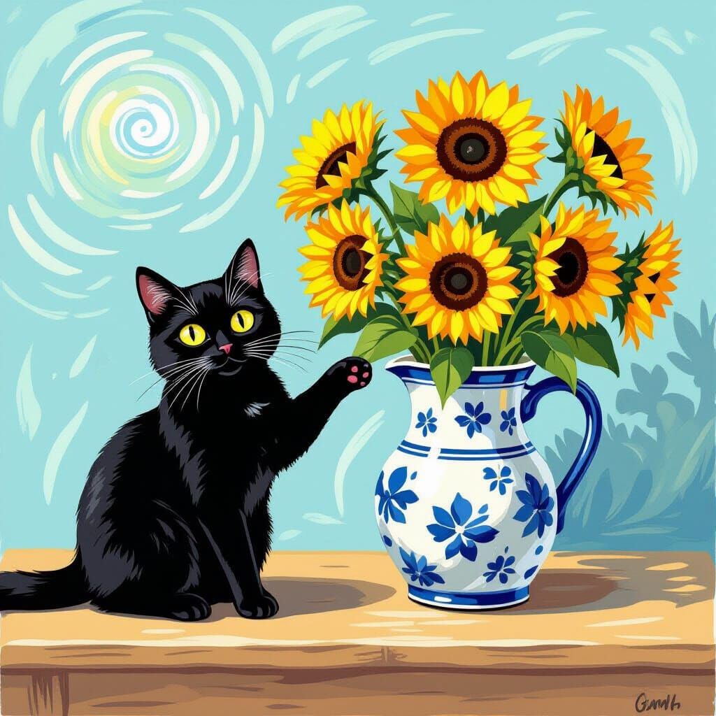 Black Cat and Sunflowers in Van Gogh Style
