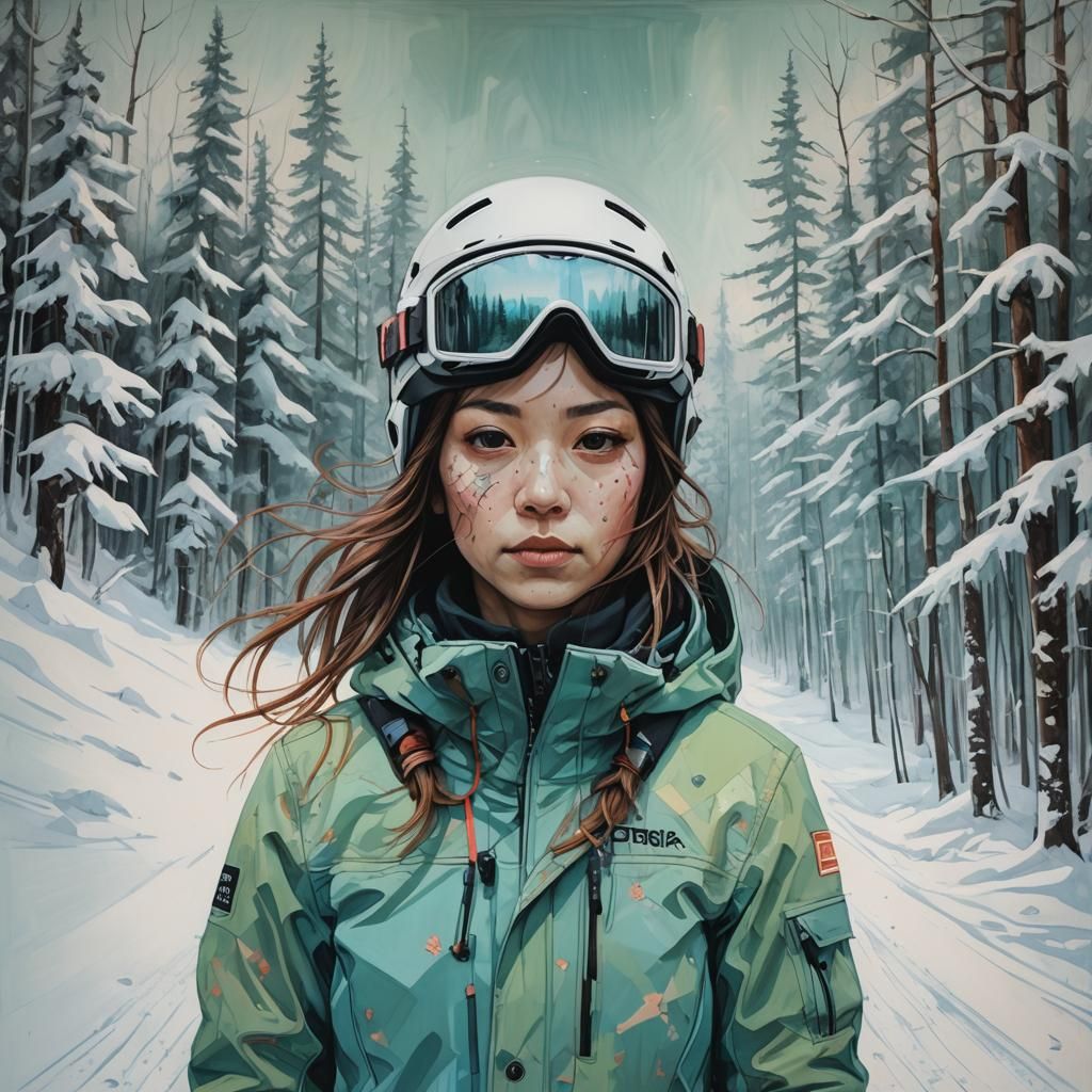 Dystopian Double Exposure Skier in Pastel Art Style