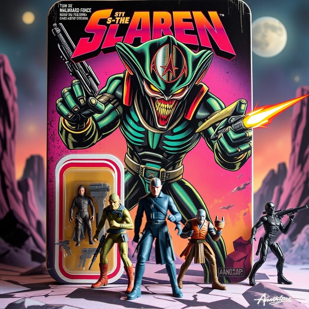 Retro Sci-Fi Alien Warlord Action Figure Packaging in Neon-L...