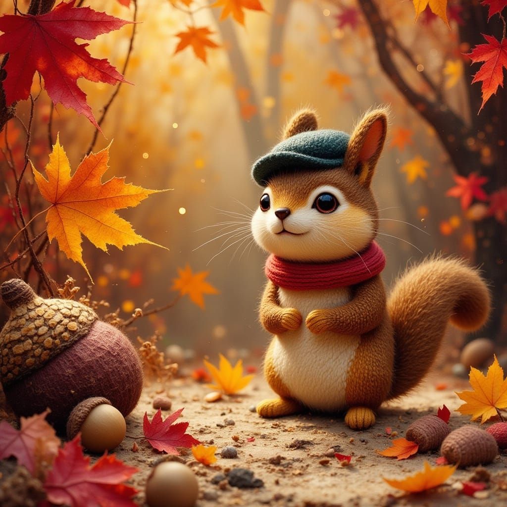 Squirrel in Autumn Forest with Yarn Textures