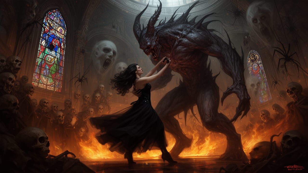 Sinister Ballroom Dance with Demon and Skulls