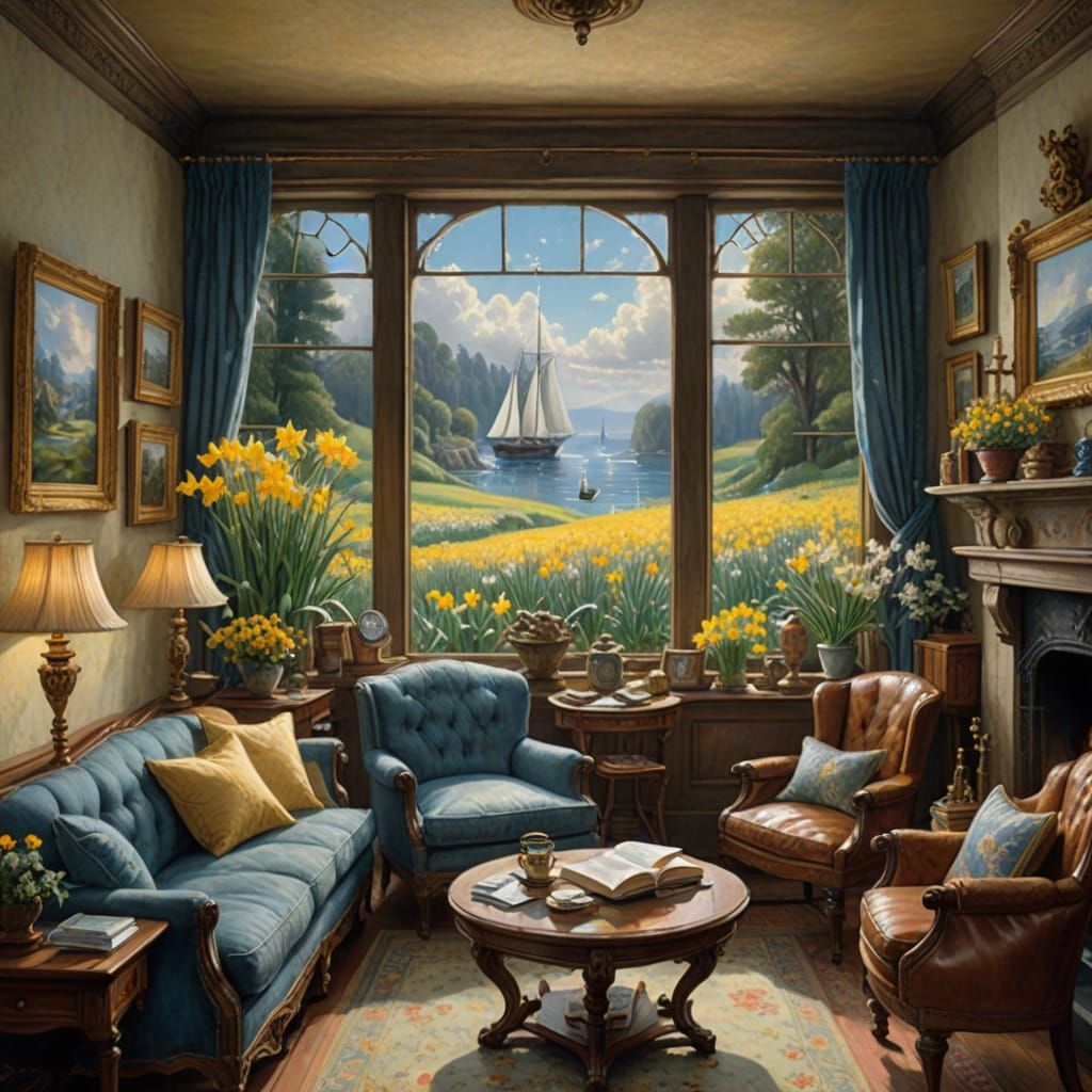 Cozy Salon with Ethereal Blues and Warm Glow