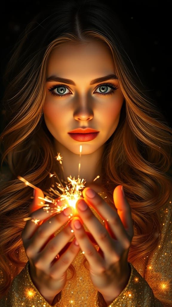 Enchanting Woman Radiates Golden Magic in Hyperrealistic Por...