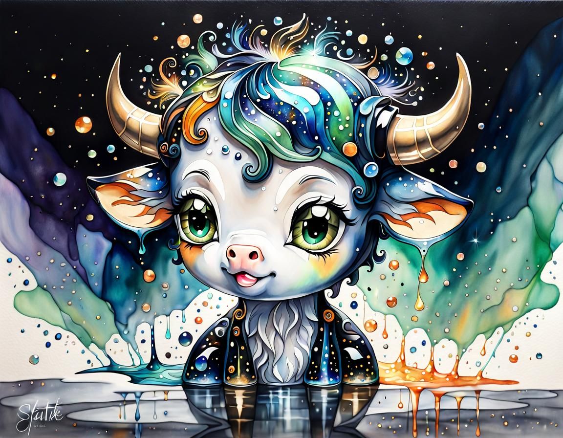 Cute Calf with Googly Eyes in Holographic Style