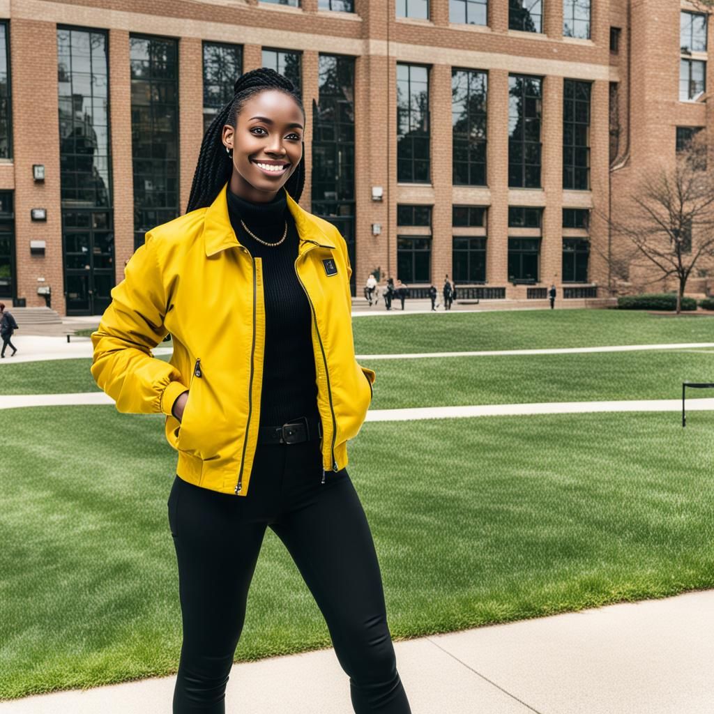 Young Woman in Yellow Jacket on Campus
