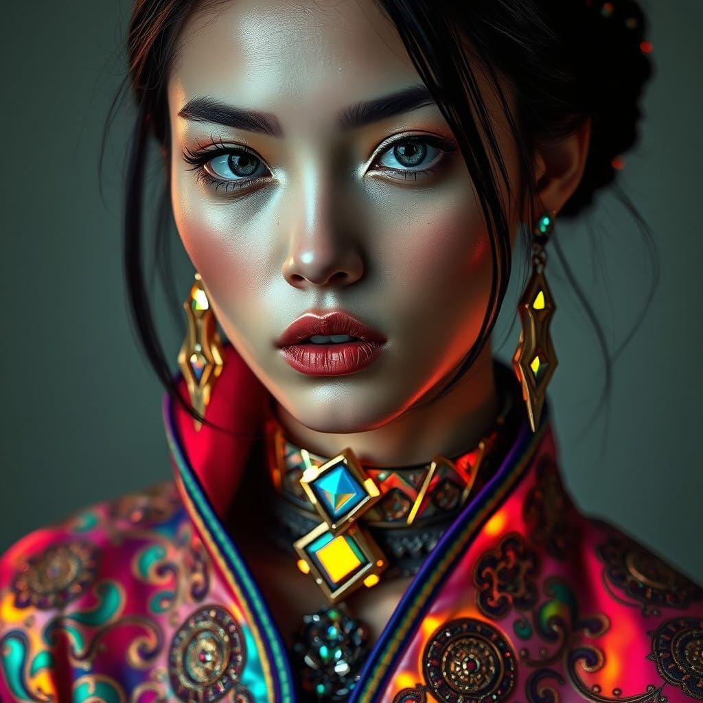 Stunning Cyberpunk Goddess with Iridescent Fabrics and Geome...