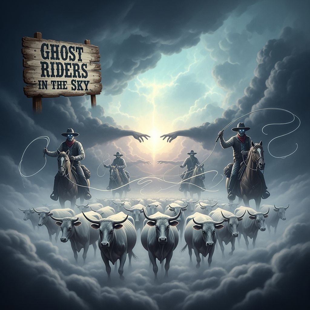 Ghostly Cowboys Herding Cows in Cloudy Sky