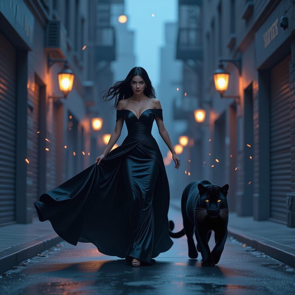 Futuristic Girl Leaping with Panther in Cityscape