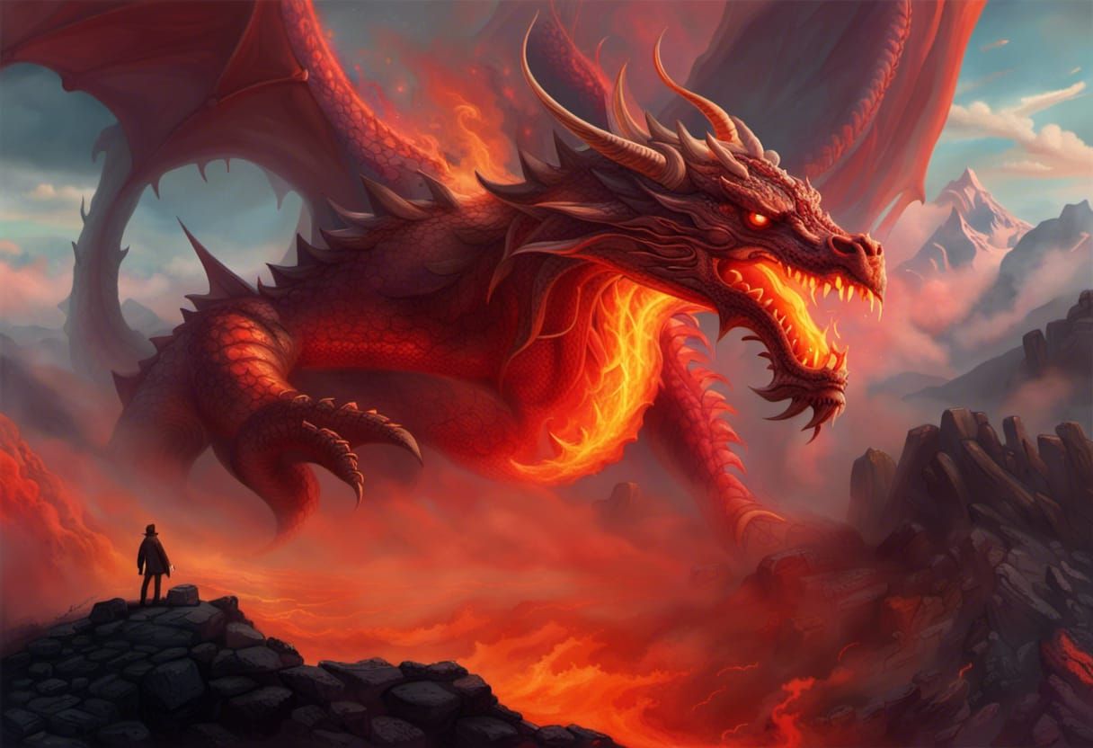 Fiery Dragon in Mountainous Landscape: Fantasy Concept Art