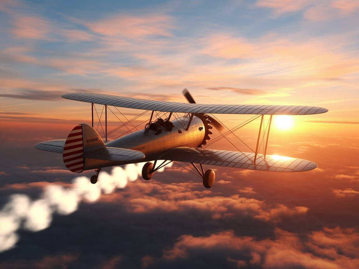 Vintage Biplane Soaring in Sunset Sky, Volumetric Lighting