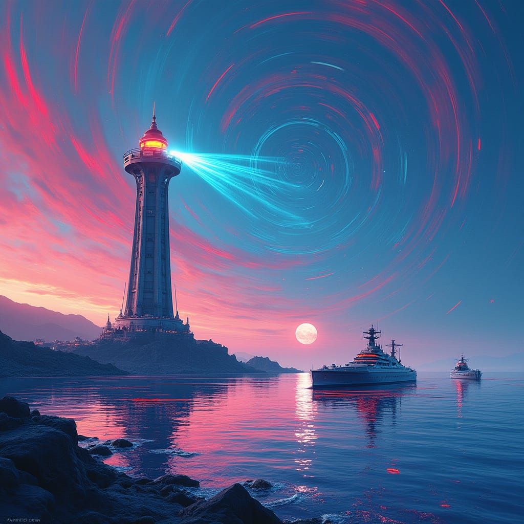 Futuristic Lighthouse Illuminates Cyberpunk Fleet