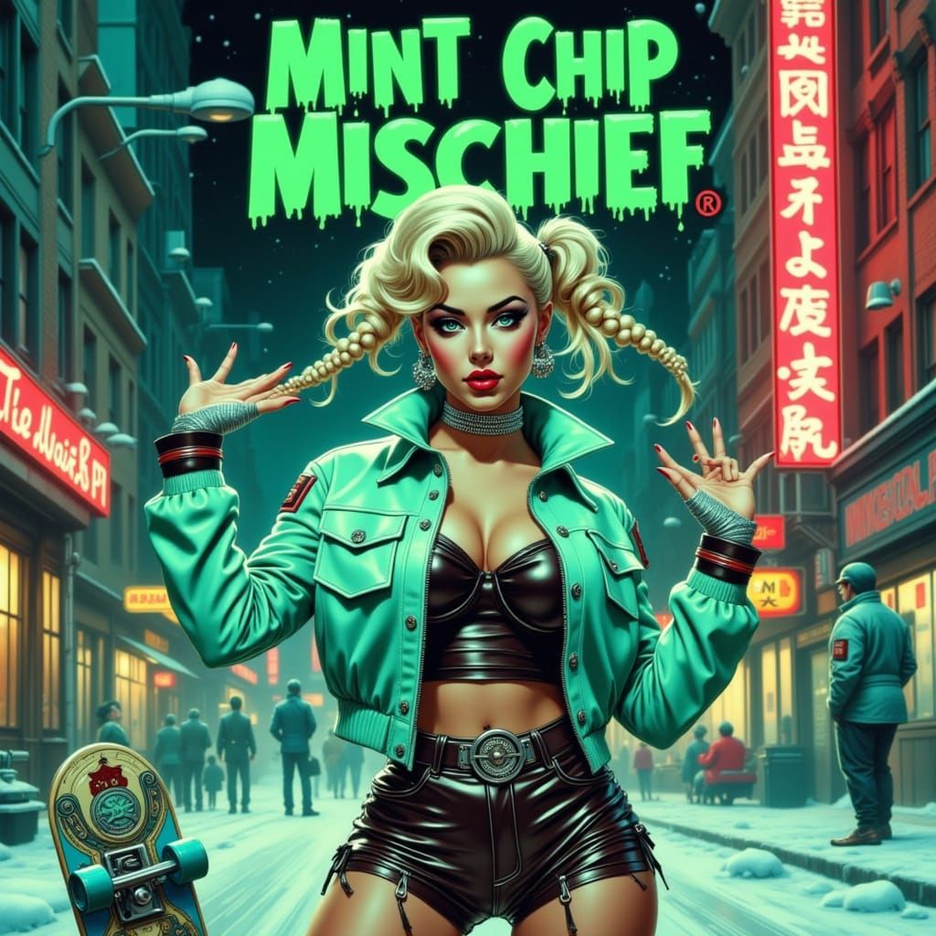 Cyberpunk Skater Girl in Minty Cityscape