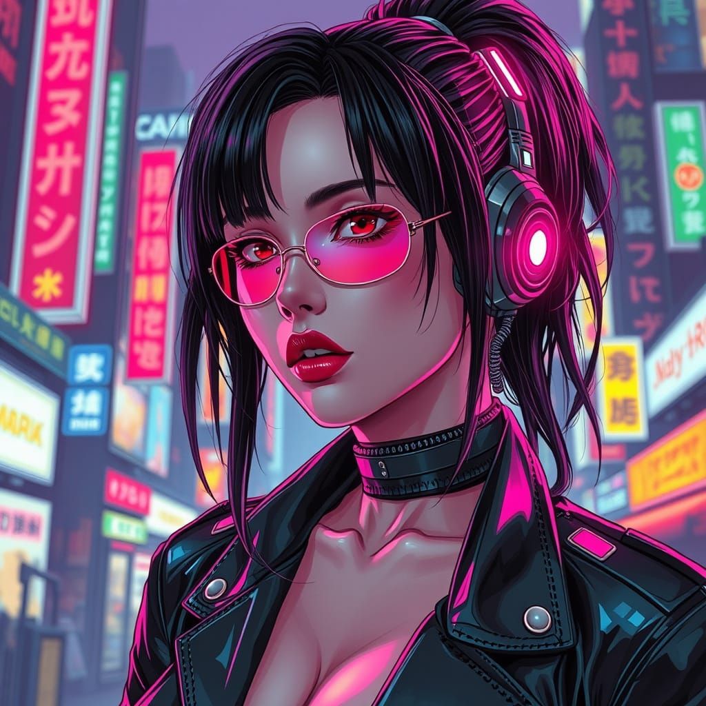 Cyborg Girl in Neon Retro Neo Tokyo