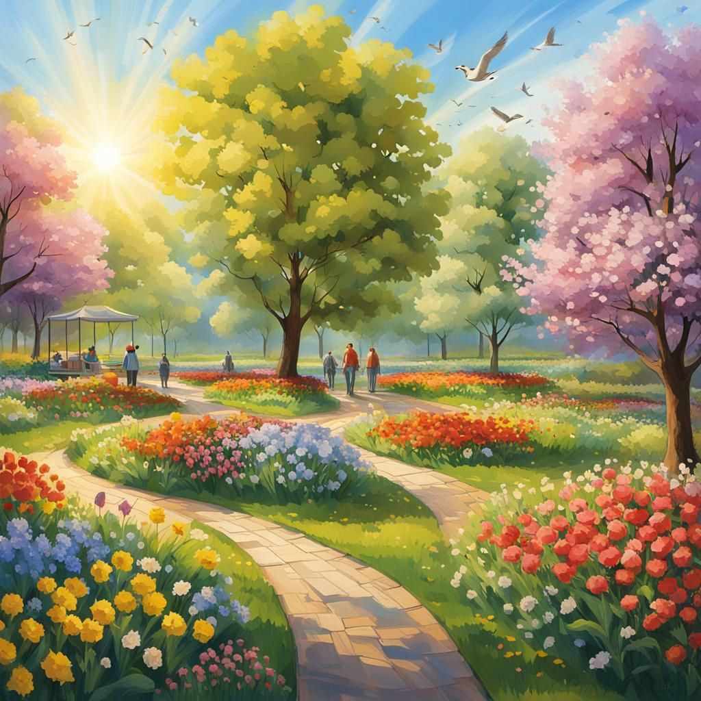 Spring Flower Garden in Park: Hyperdetailed Concept Art