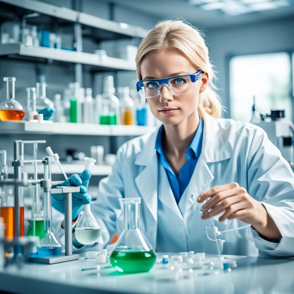 Blonde Chemist in Lab: Realistic Professional Photography